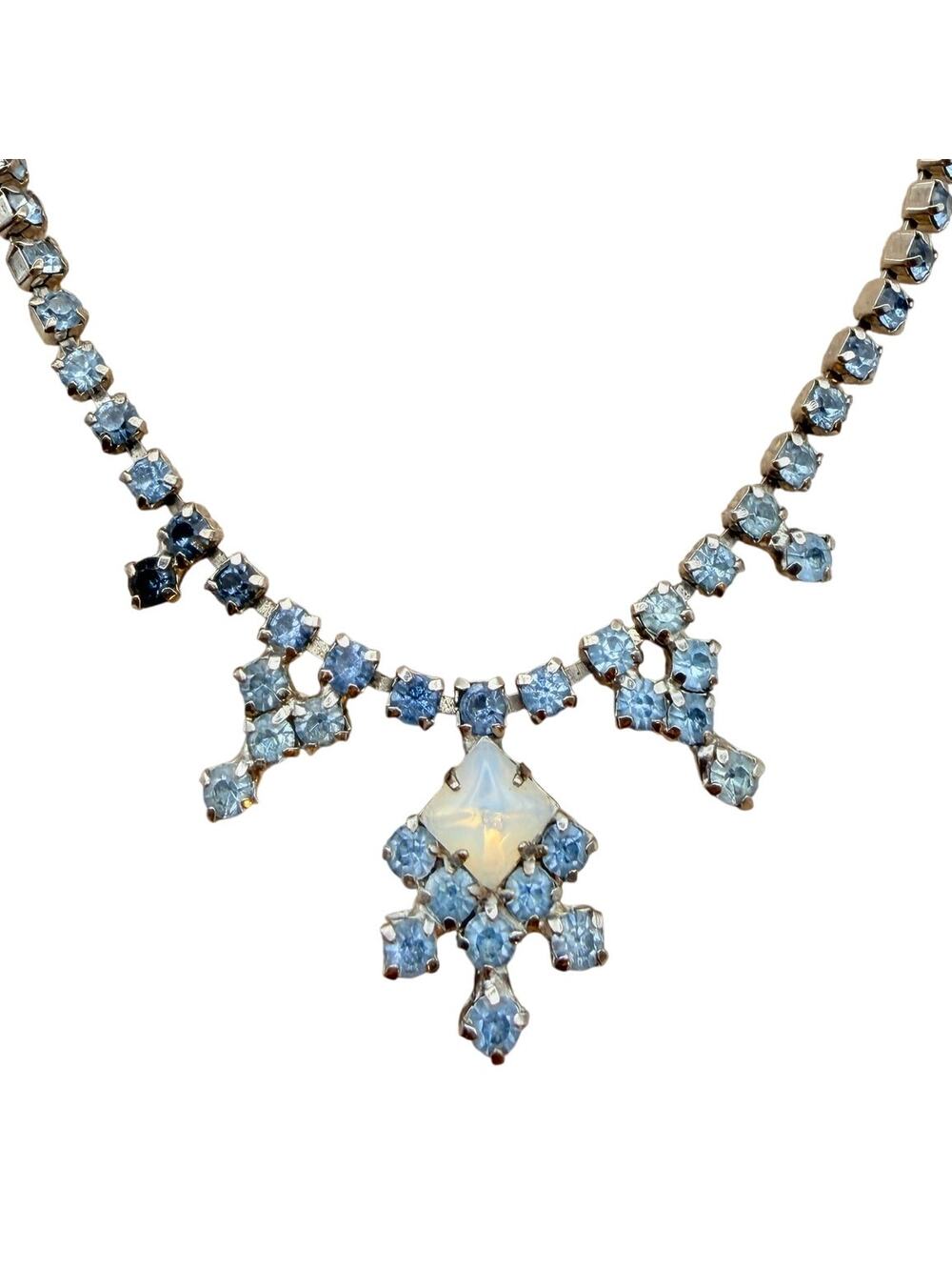 Vintage Art Deco Blue Rhinestone Moonstone Glass Crystal Pendant Necklace 16"
